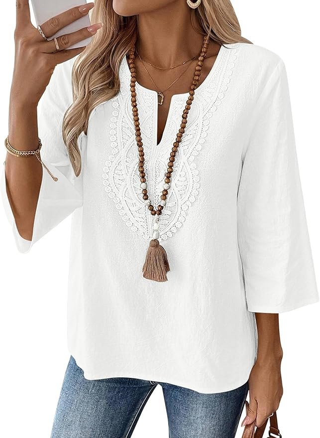 LOMON Womens Lace Trim Linen Blouse